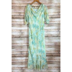 Sundance Blue Green Larkspur 100% Silk Floral Cowl Neck Flounce Dress Size 12